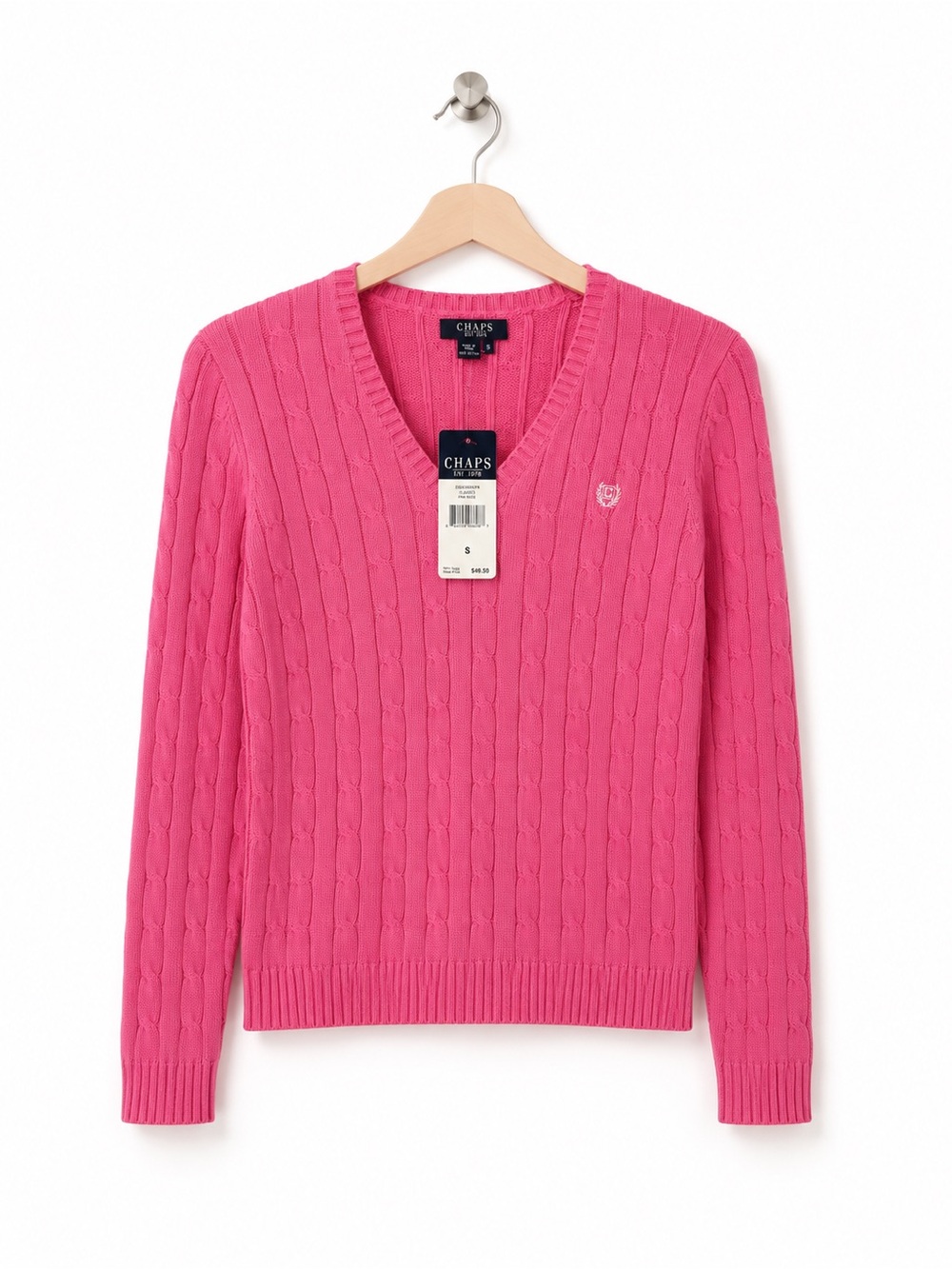 Chaps Womens Pink Cable Knit Sweater Small 100% Cotton V Neck Preppy NWT